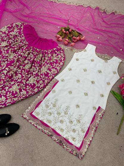 White x Dark Pink Dhoti Suit