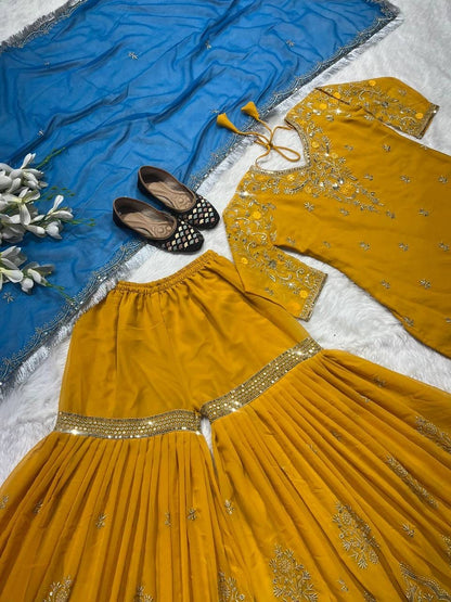 Abeeha Mustard X Blue Sharara Suit