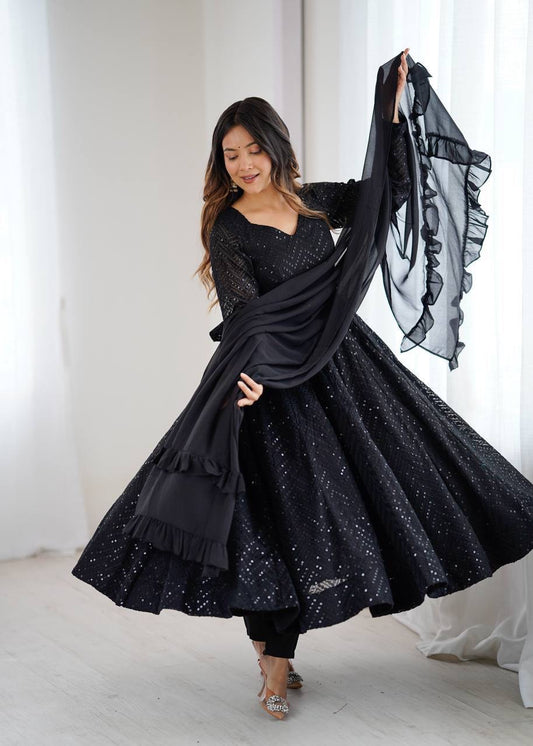 Premium Black Anarkali Suit with ruffle Duppata - Laksharaa Sarees