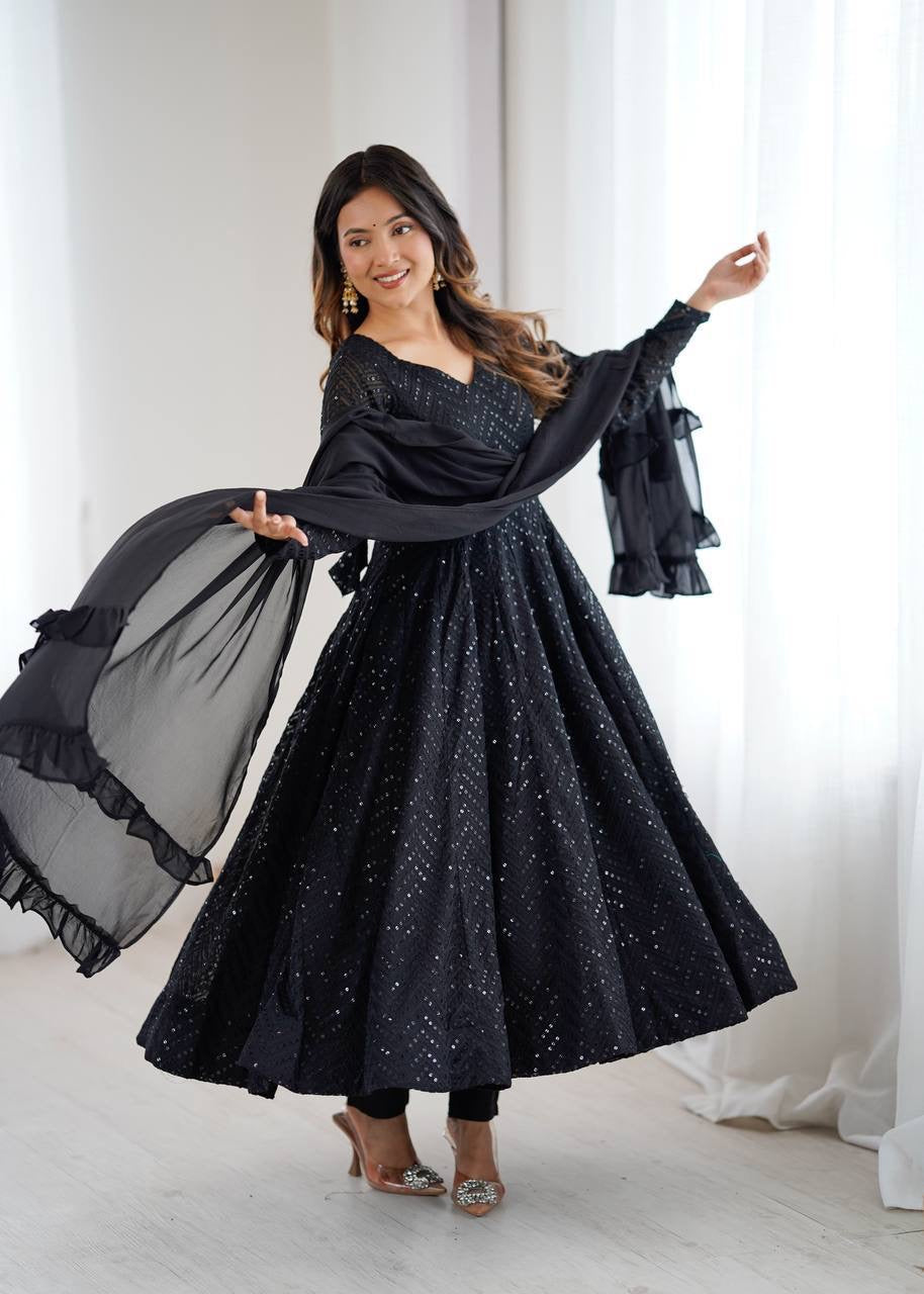 Premium Black Anarkali Suit with ruffle Duppata - Laksharaa Sarees