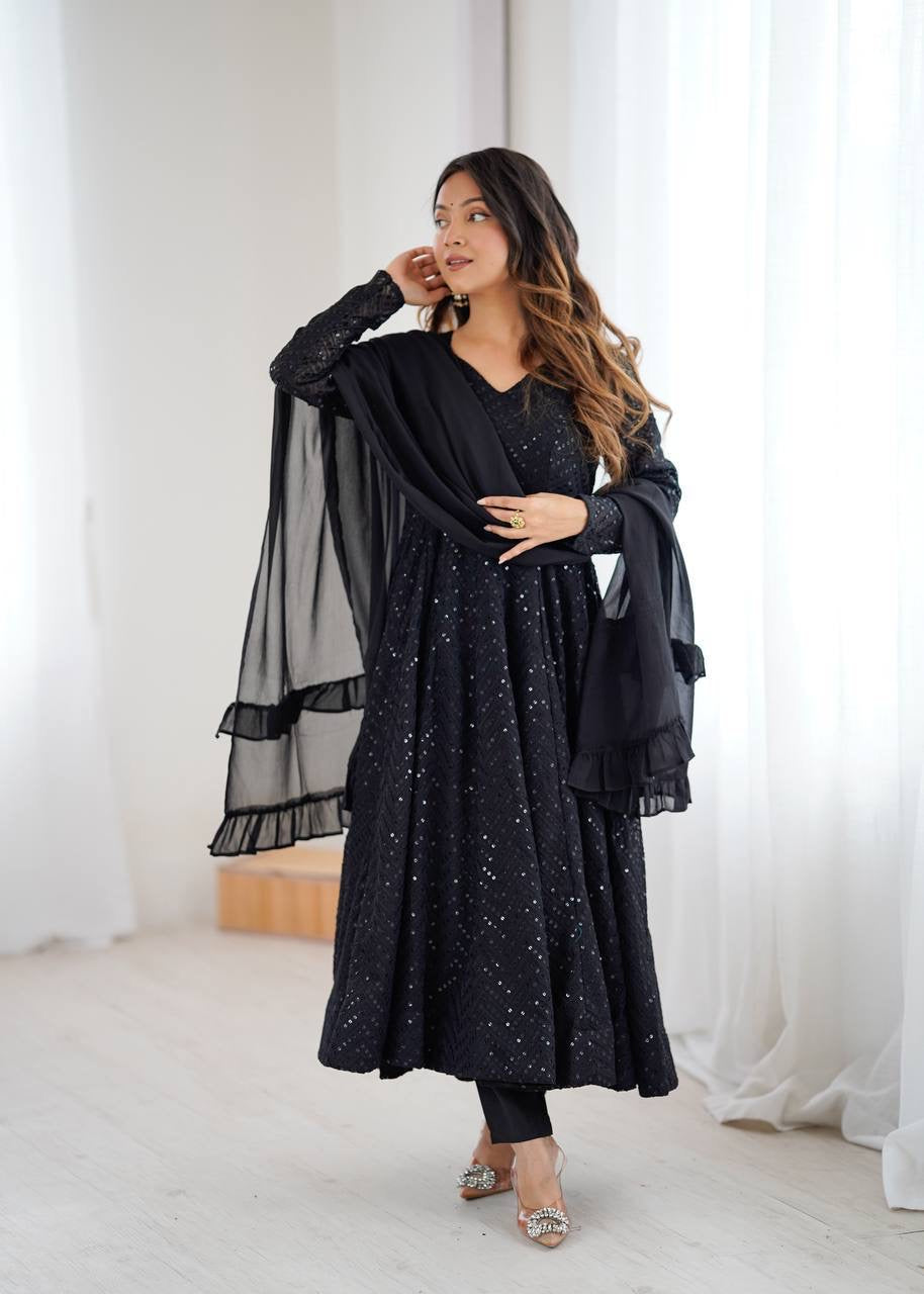 Premium Black Anarkali Suit with ruffle Duppata - Laksharaa Sarees