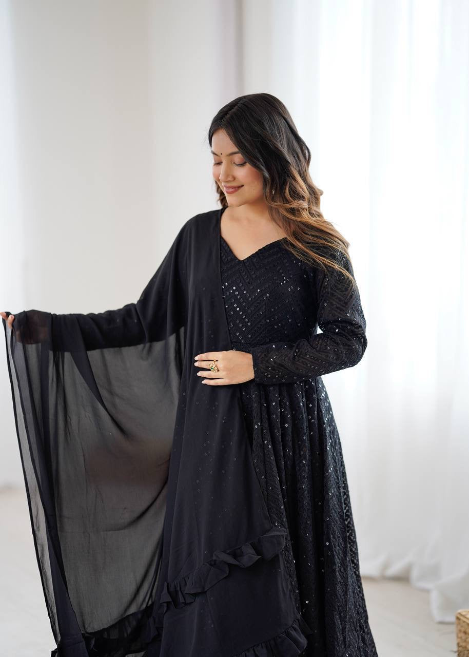 Premium Black Anarkali Suit with ruffle Duppata - Laksharaa Sarees