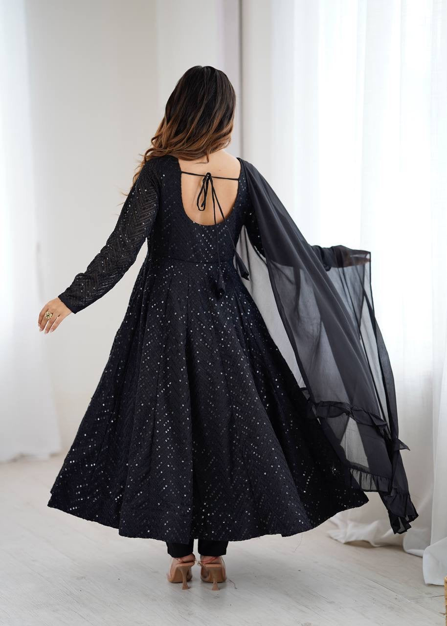 Premium Black Anarkali Suit with ruffle Duppata - Laksharaa Sarees