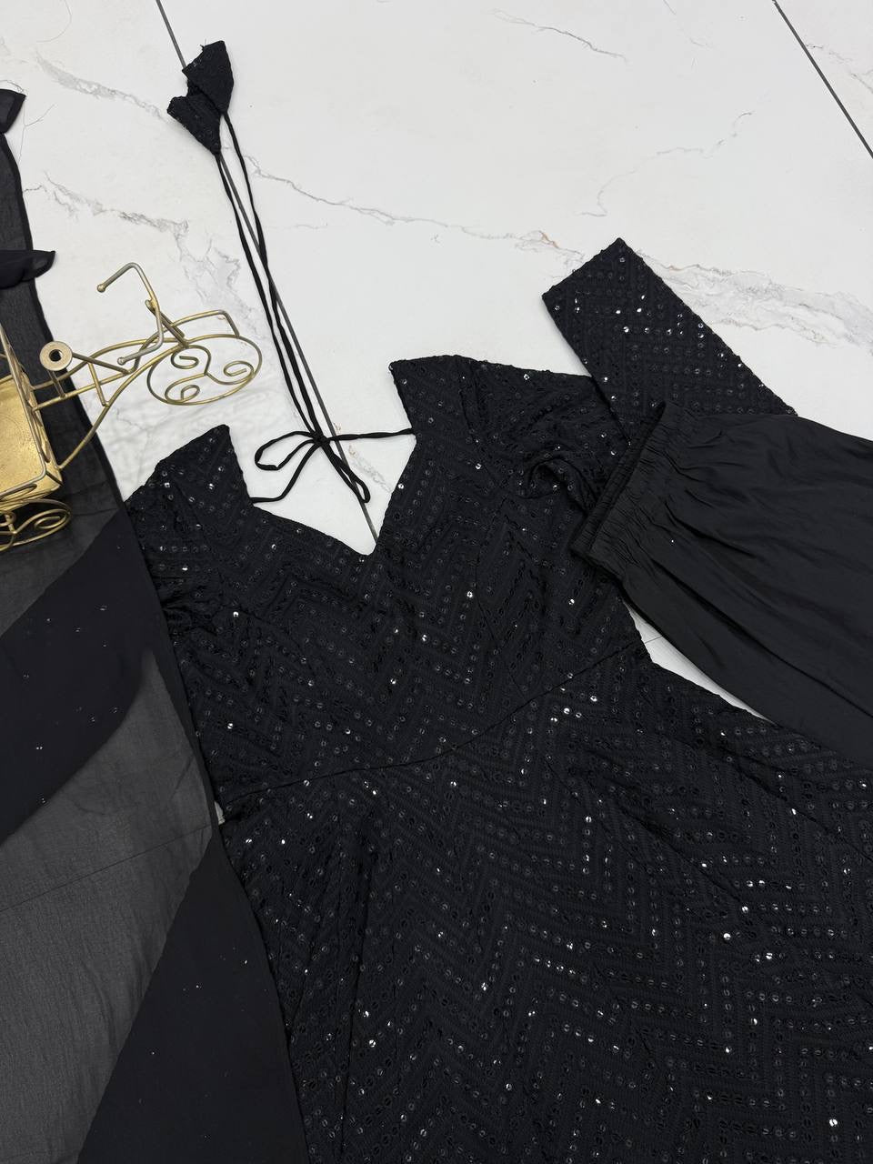 Premium Black Anarkali Suit with ruffle Duppata - Laksharaa Sarees