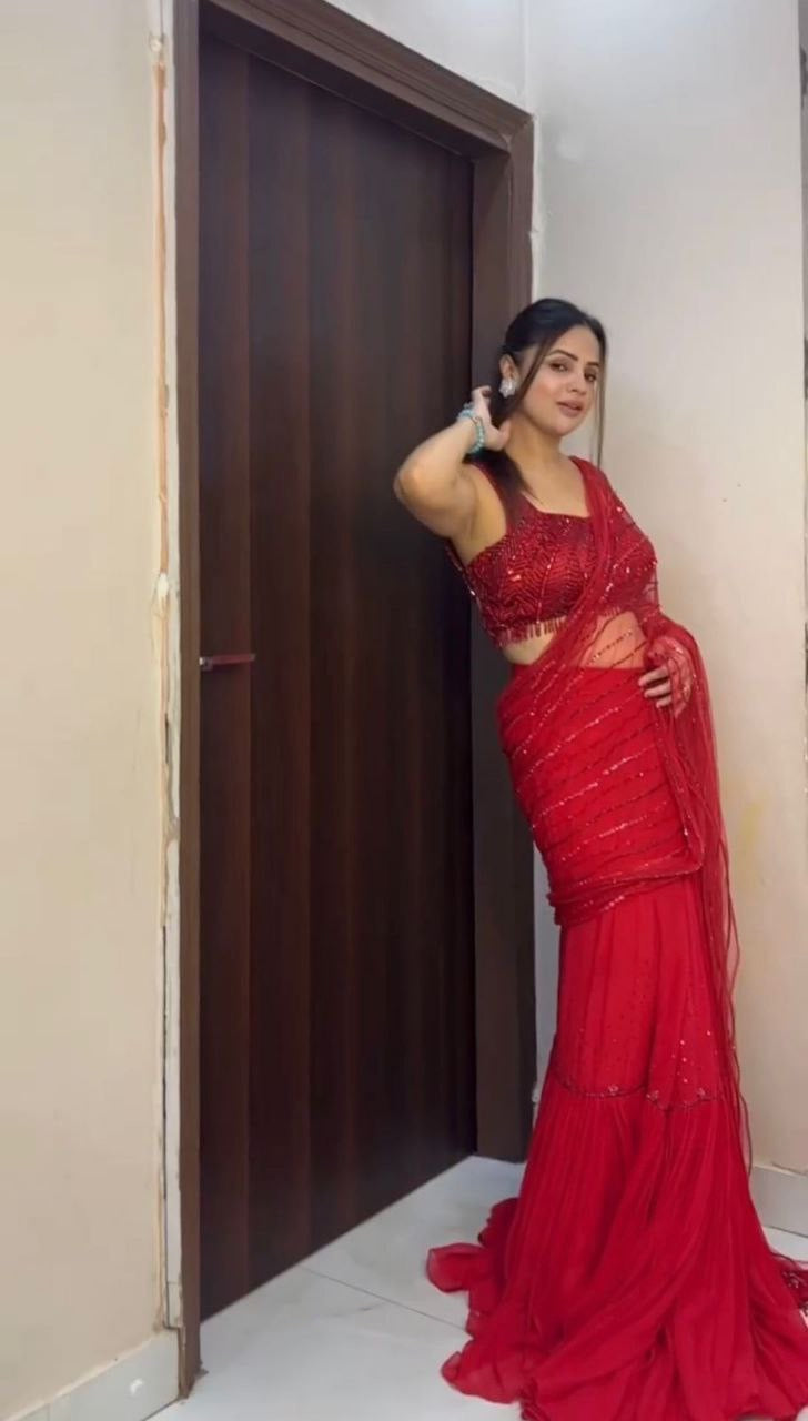 Red Ruffle Half Saree Lehenga