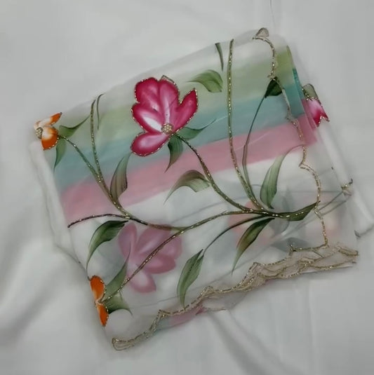 RUBEE — Beautiful White Georgette Handwork Floral Saree