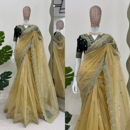 RUCHI - Yellow Gold x Green Georgette Saree