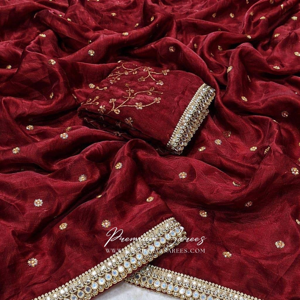 Elegant shimmer satin saree with embroidered blouse from Laksharaa Sarees, showcasing intricate embroidery and luxurious fabric.