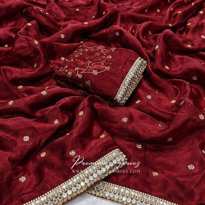 Elegant shimmer satin saree with embroidered blouse from Laksharaa Sarees, showcasing intricate embroidery and luxurious fabric.