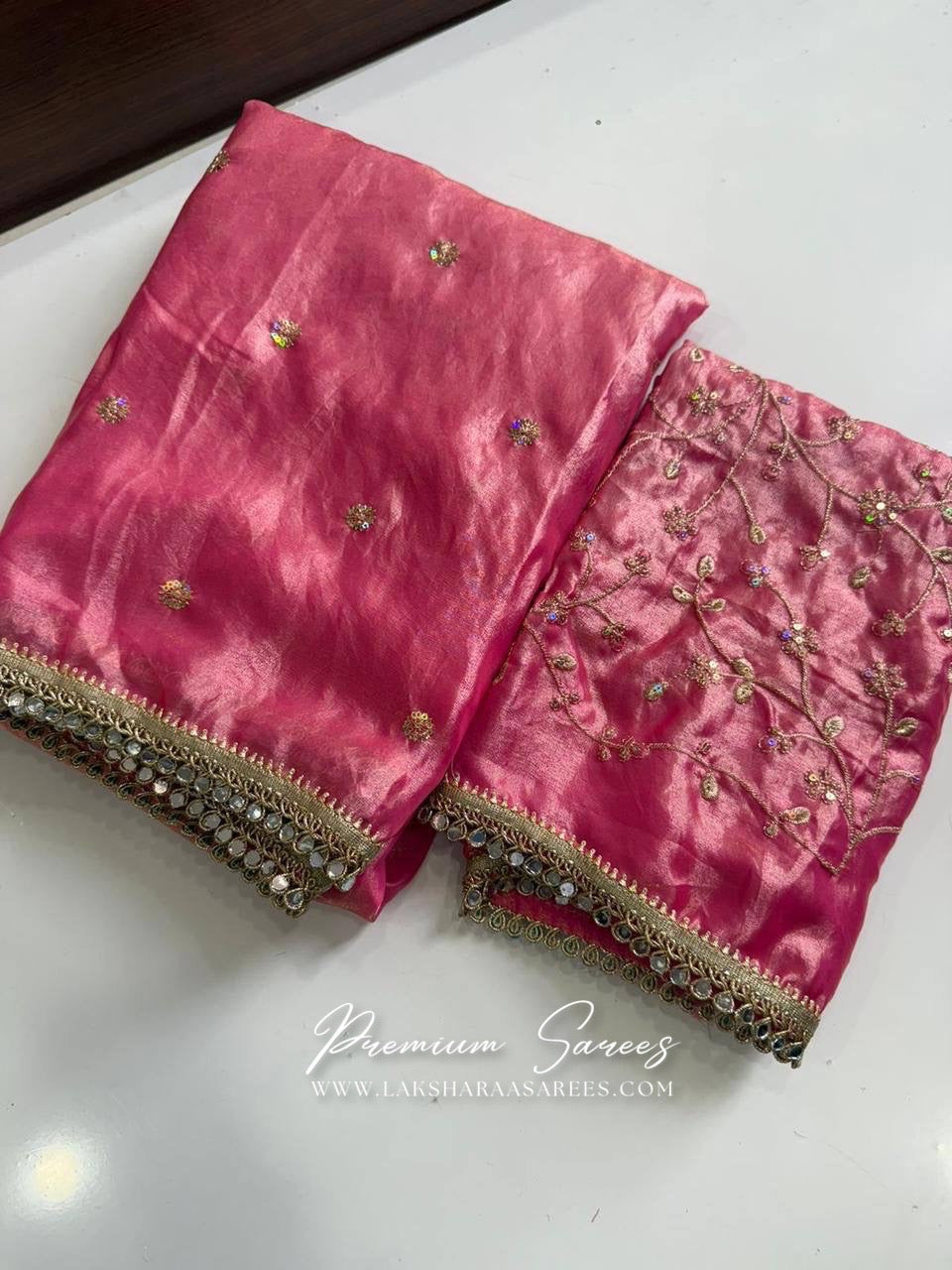 Shimmer satin saree with embroidered blouse from Laksharaa Sarees, featuring elegant fabric and intricate embroidery details.