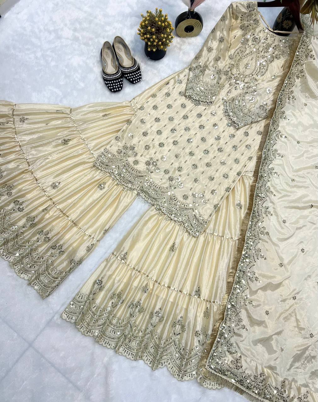 ARUSHI - Golden Beige Premium Sharara Suit - Laksharaa Sarees