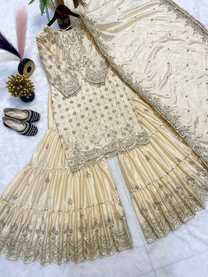 ARUSHI - Golden Beige Premium Sharara Suit - Laksharaa Sarees