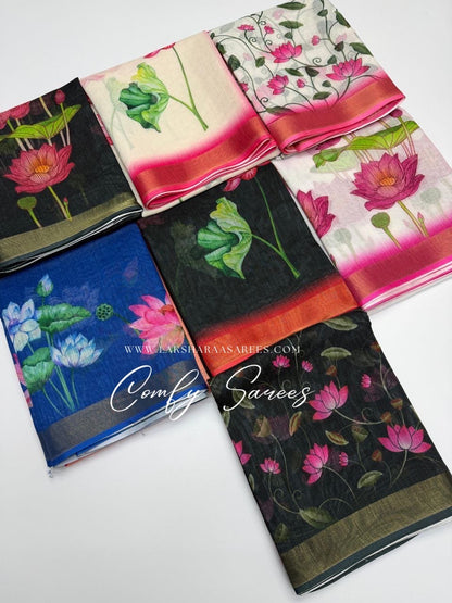 Beautiful lotus floral linen saree by Laksharaa Sarees featuring intricate patterns and elegant drape.
