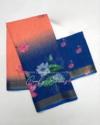 Laksharaa Sarees MINNALE Lotus Floral Linen Saree displayed on a hanger with intricate floral patterns and soft linen fabric.