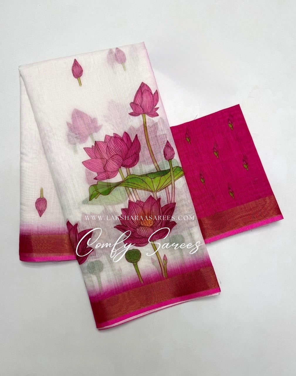 Laksharaa Sarees MINNALE Lotus Floral Linen Saree featuring intricate floral patterns in soft linen fabric.