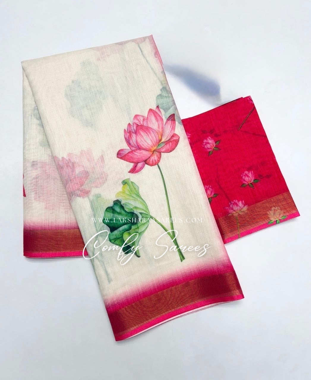 Laksharaa Sarees MINNALE Lotus Floral Linen Saree displayed on a model, showcasing intricate floral patterns and elegant draping.