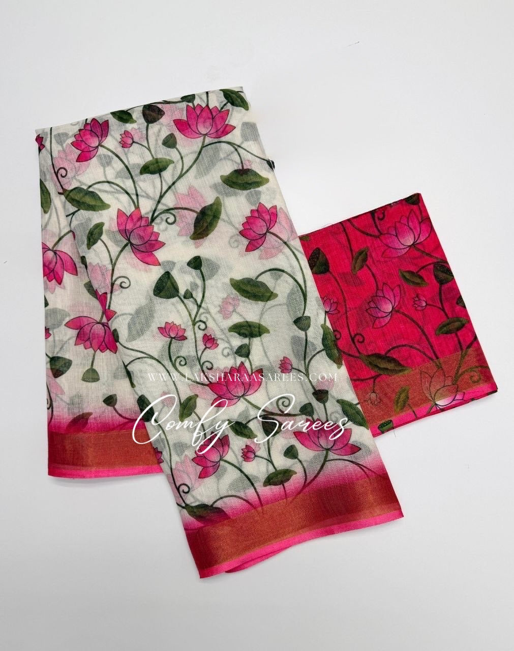Laksharaa Sarees MINNALE Lotus Floral Linen Saree displayed with intricate floral patterns and traditional draping style.
