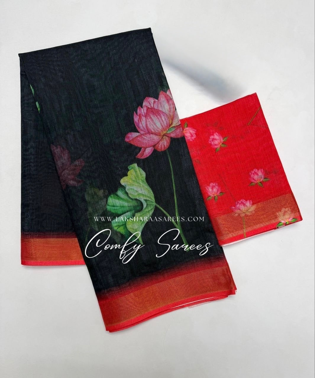 Elegant Lotus Floral Linen Saree by Laksharaa Sarees featuring intricate floral patterns and lightweight fabric.