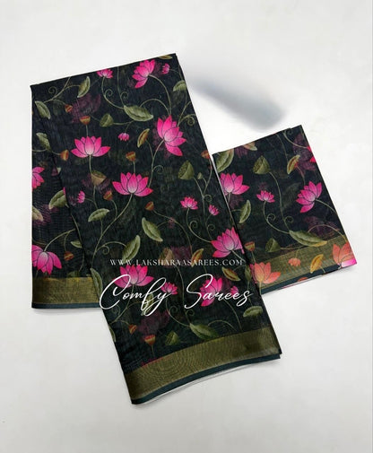 Beautiful lotus floral linen saree by Laksharaa Sarees, showcasing intricate design and elegant drape in soft linen fabric.