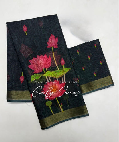 Laksharaa Sarees MINNALE Lotus Floral Linen Saree draped on a mannequin, showcasing intricate floral patterns and elegant linen fabric.