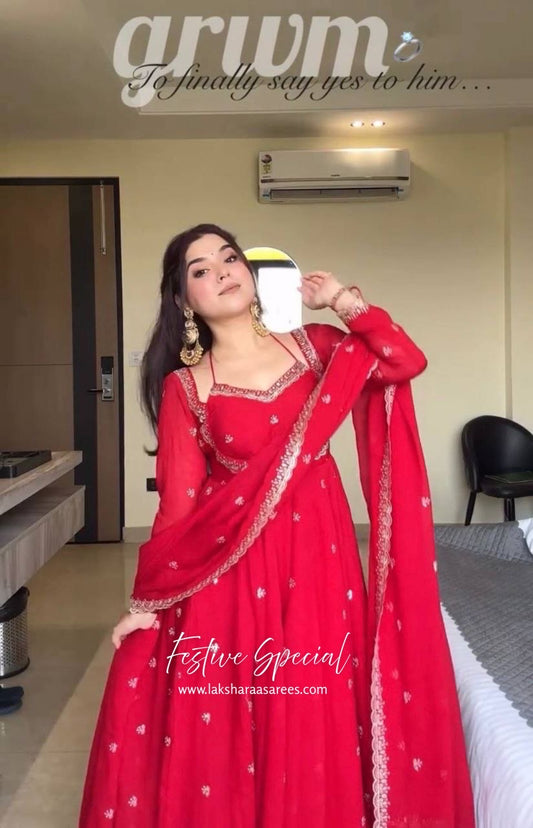 Red Anarkali Suit x Halter Tassel Style