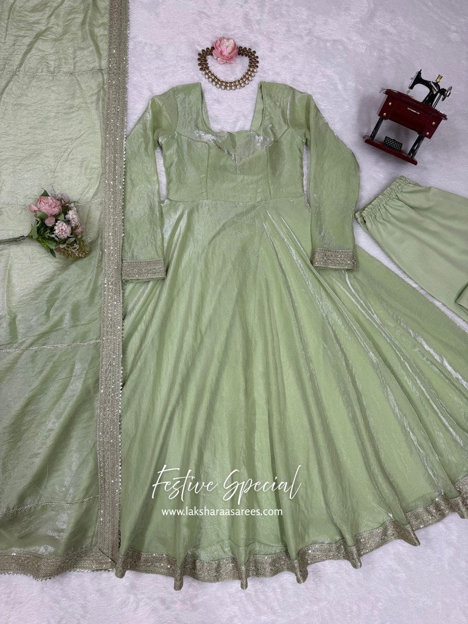 Pastel Shimmer Green Anarkali Suit
