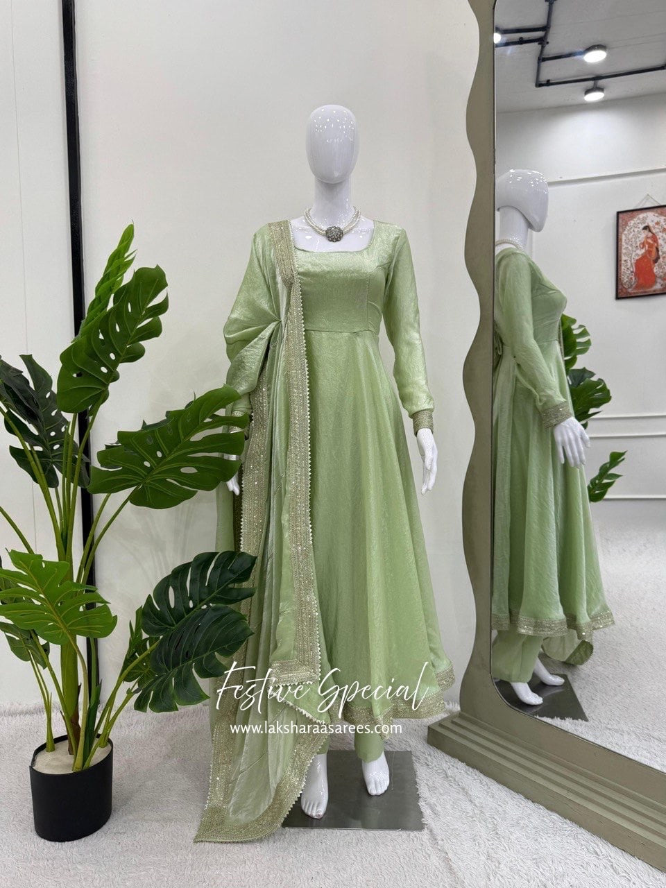 Pastel Shimmer Green Anarkali Suit