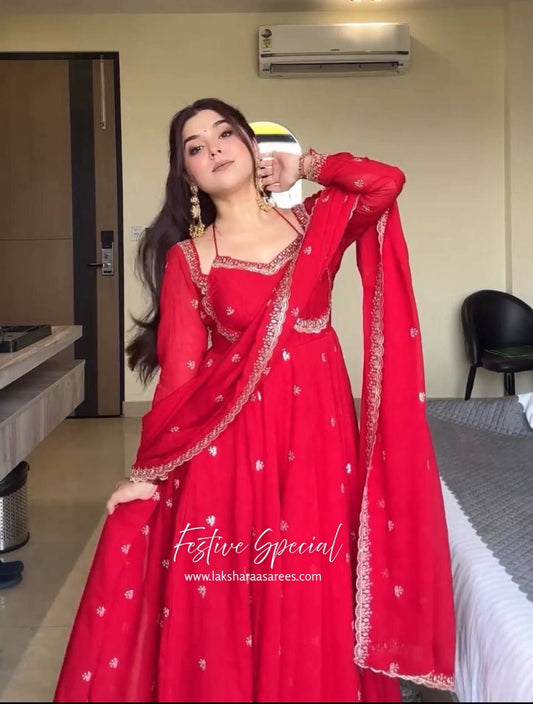Red Anarkali Suit x Halter Tassel Style