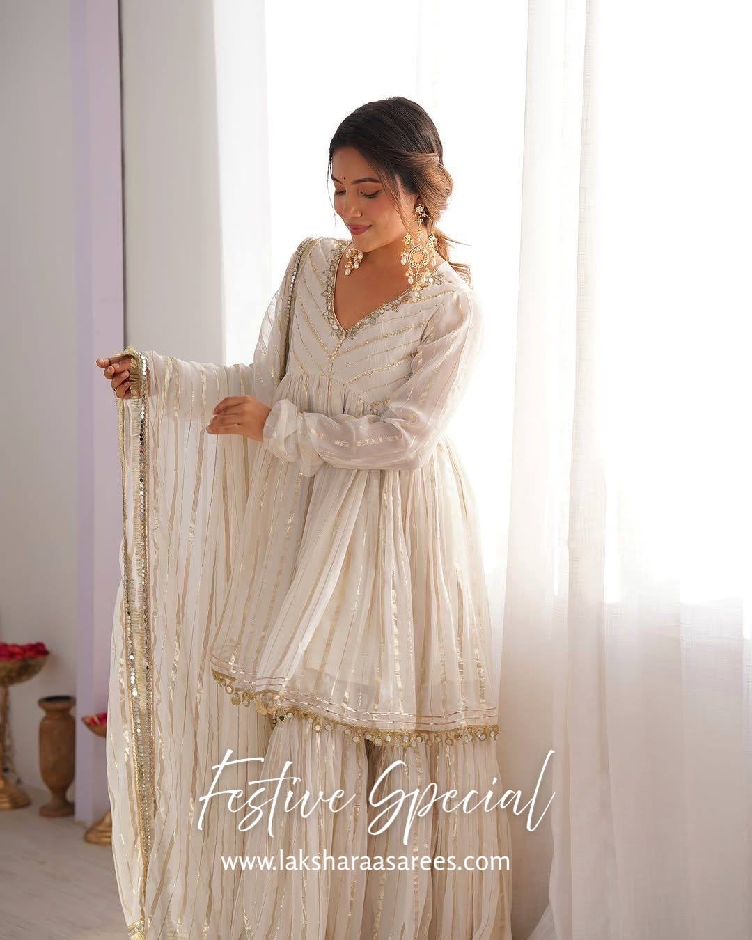 Chanderi Peplum Style White Sharara Suit