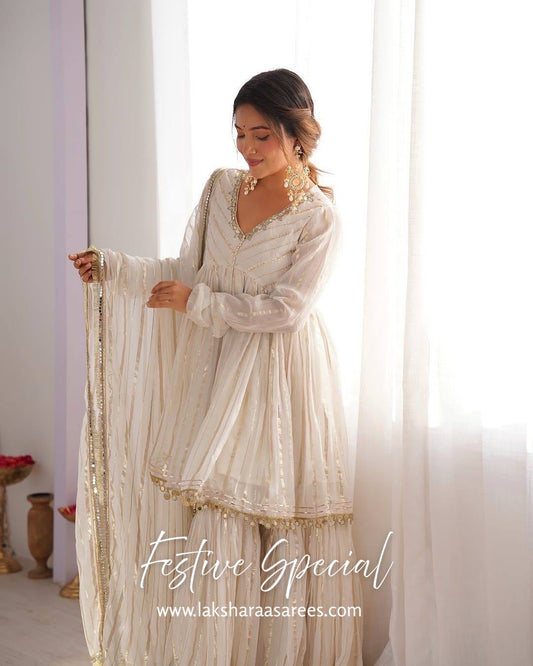 Chanderi Peplum Style White Sharara Suit