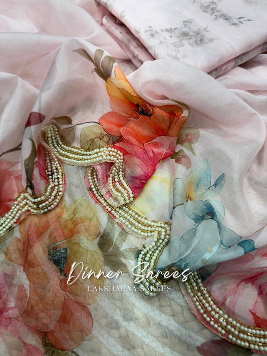 FLORENCE — Pearl Border Partywear Georgette Floral Saree - Laksharaa Sarees