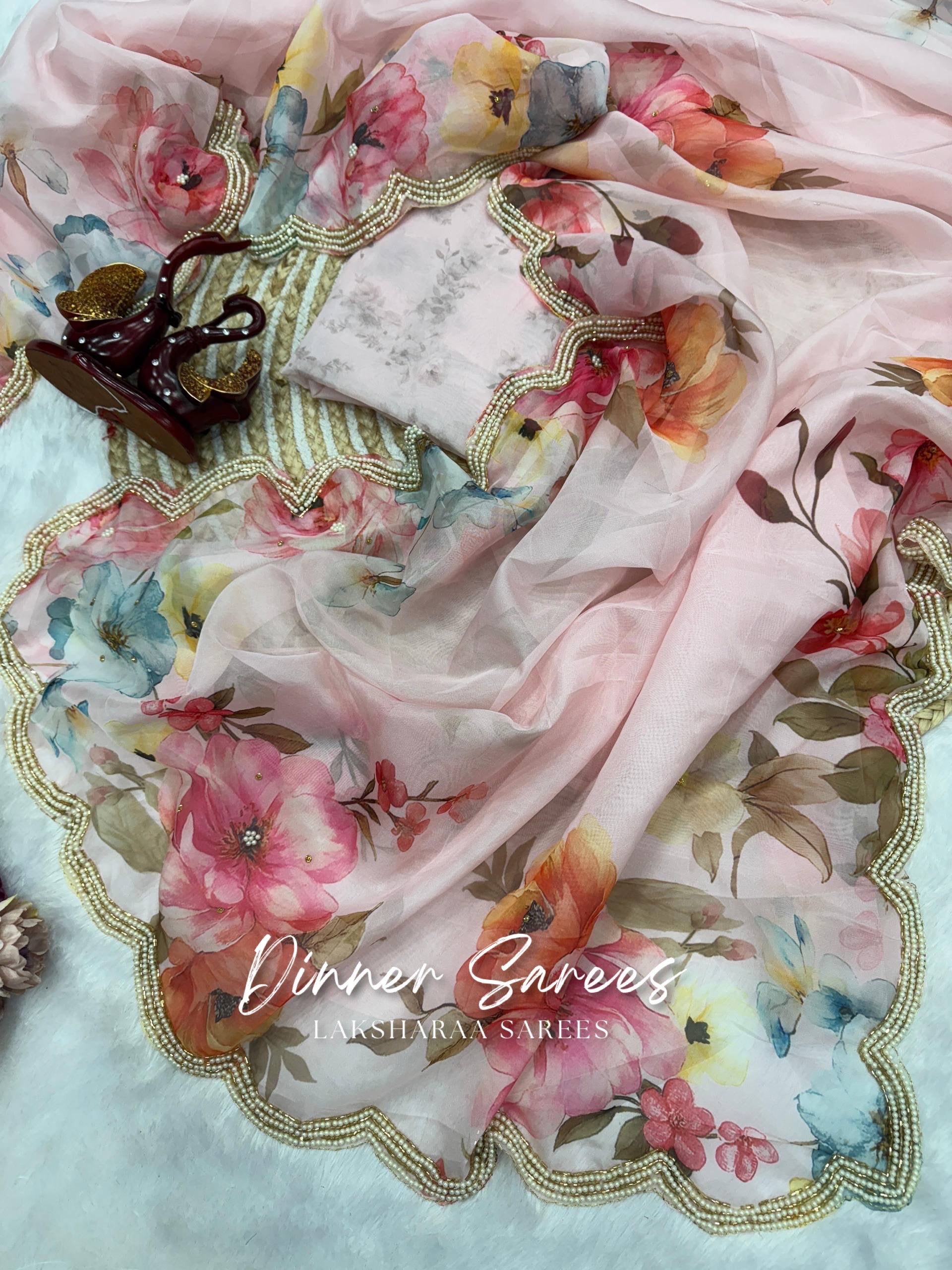 FLORENCE — Pearl Border Partywear Georgette Floral Saree - Laksharaa Sarees