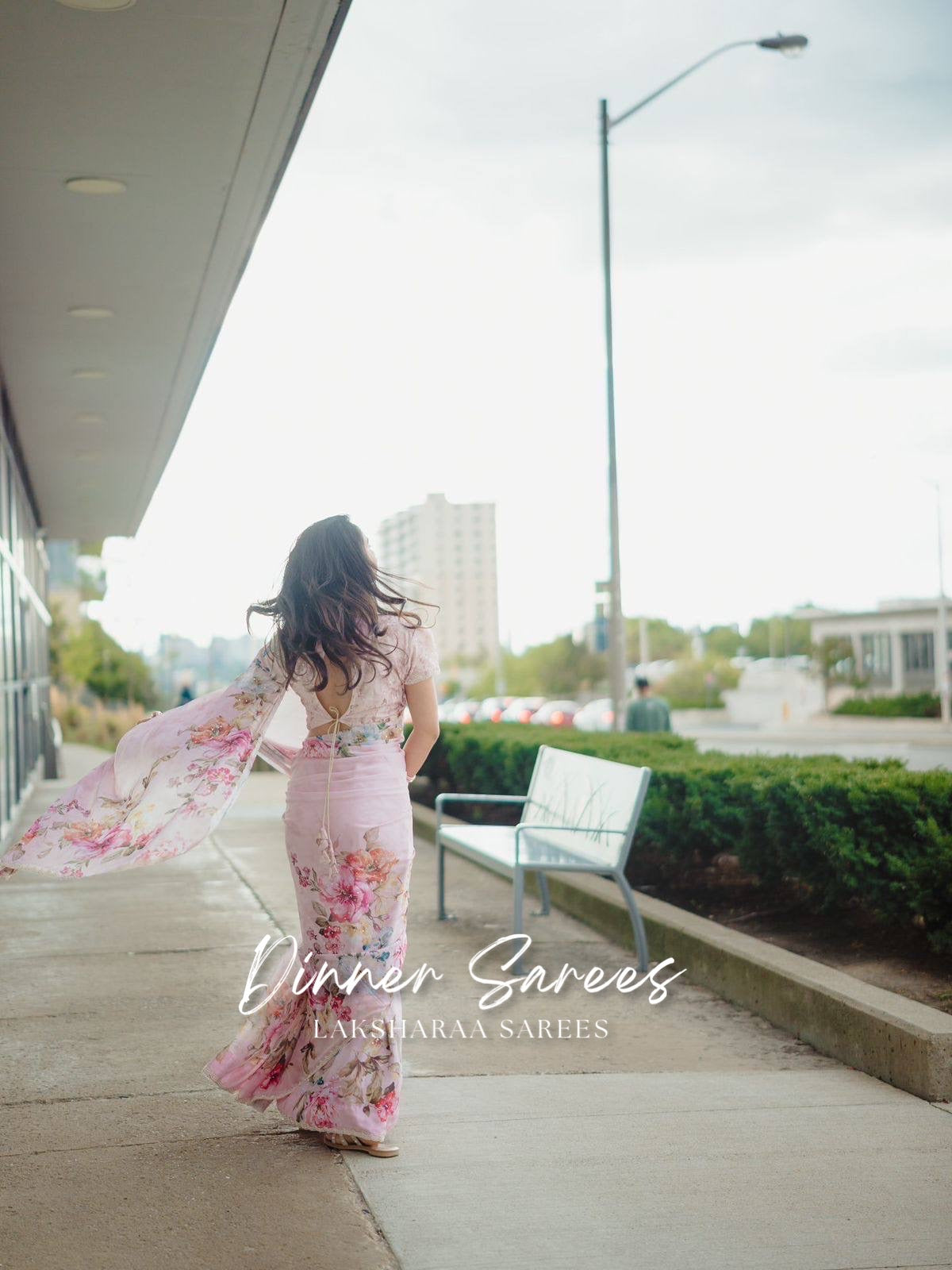 FLORENCE — Pearl Border Partywear Georgette Floral Saree - Laksharaa Sarees