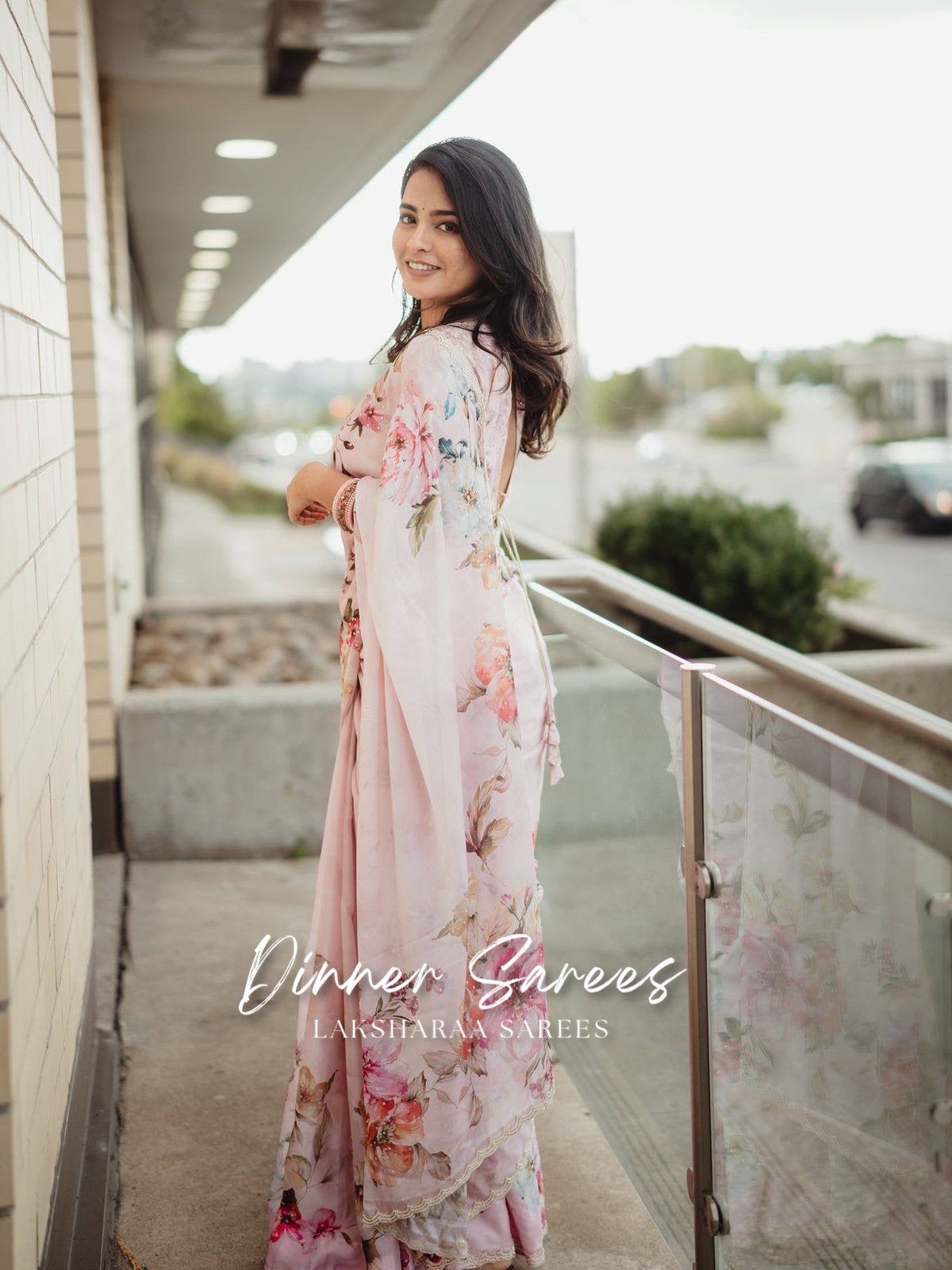 FLORENCE — Pearl Border Partywear Georgette Floral Saree - Laksharaa Sarees