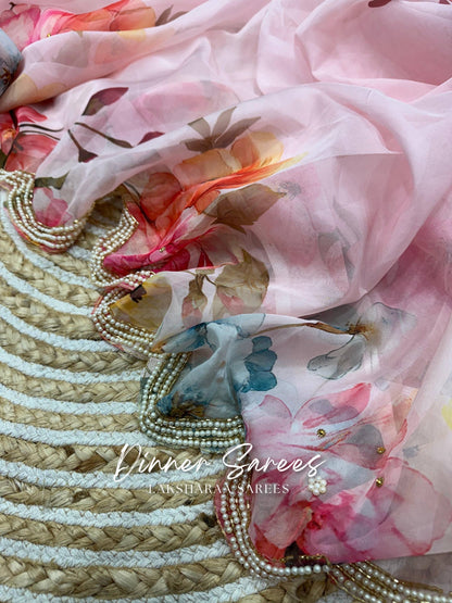FLORENCE — Pearl Border Partywear Georgette Floral Saree - Laksharaa Sarees