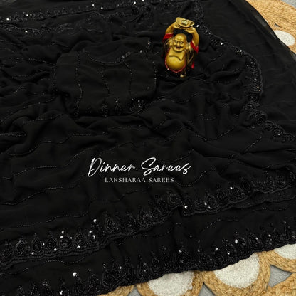 REENAA - Premium Black Beaded Georgette Partywear Saree - Laksharaa Sarees