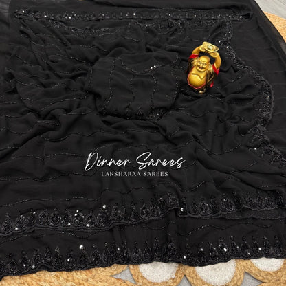 REENAA - Premium Black Beaded Georgette Partywear Saree - Laksharaa Sarees