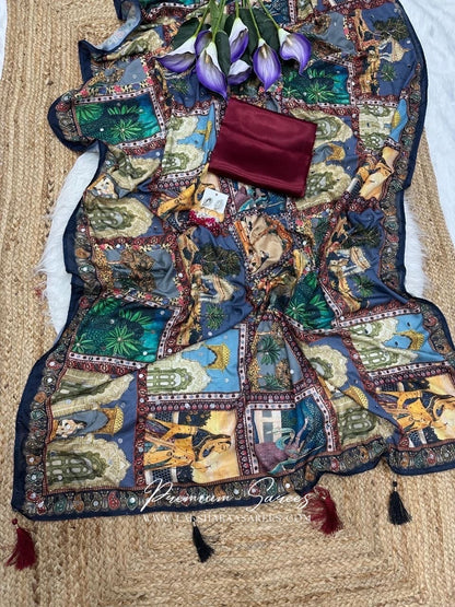 RAJVAARI — Mirrorwork Ajrakh Saree