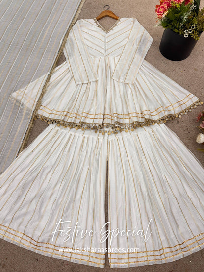 Chanderi Peplum Style White Sharara Suit