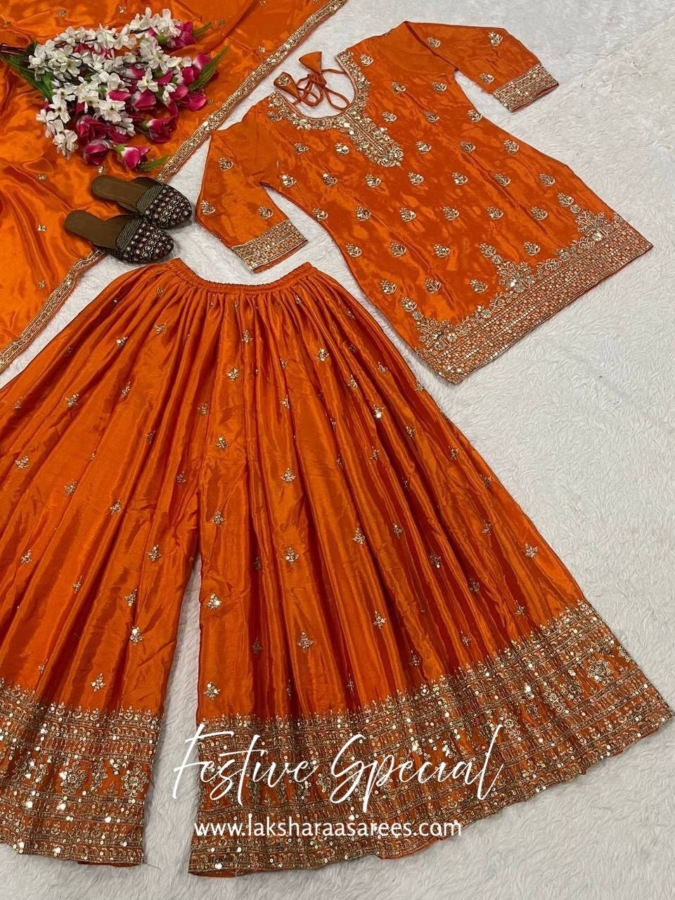 MERAKI — Designer Chinon Silk Pallazo Suit