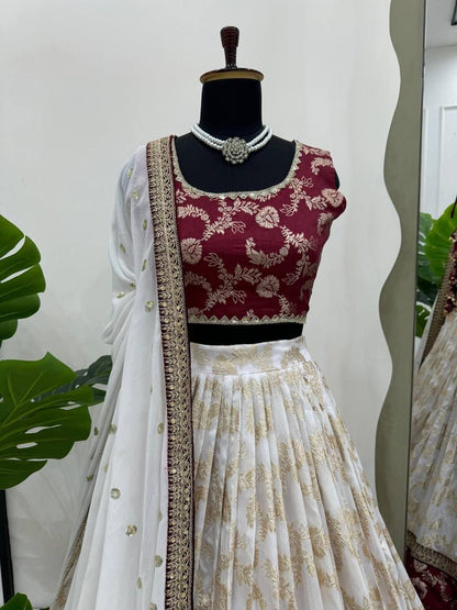 URMILA - Red x White Jacquard Silk Lehenga