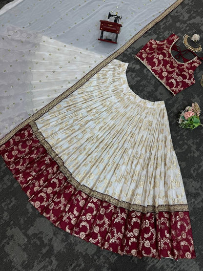 URMILA - Red x White Jacquard Silk Lehenga