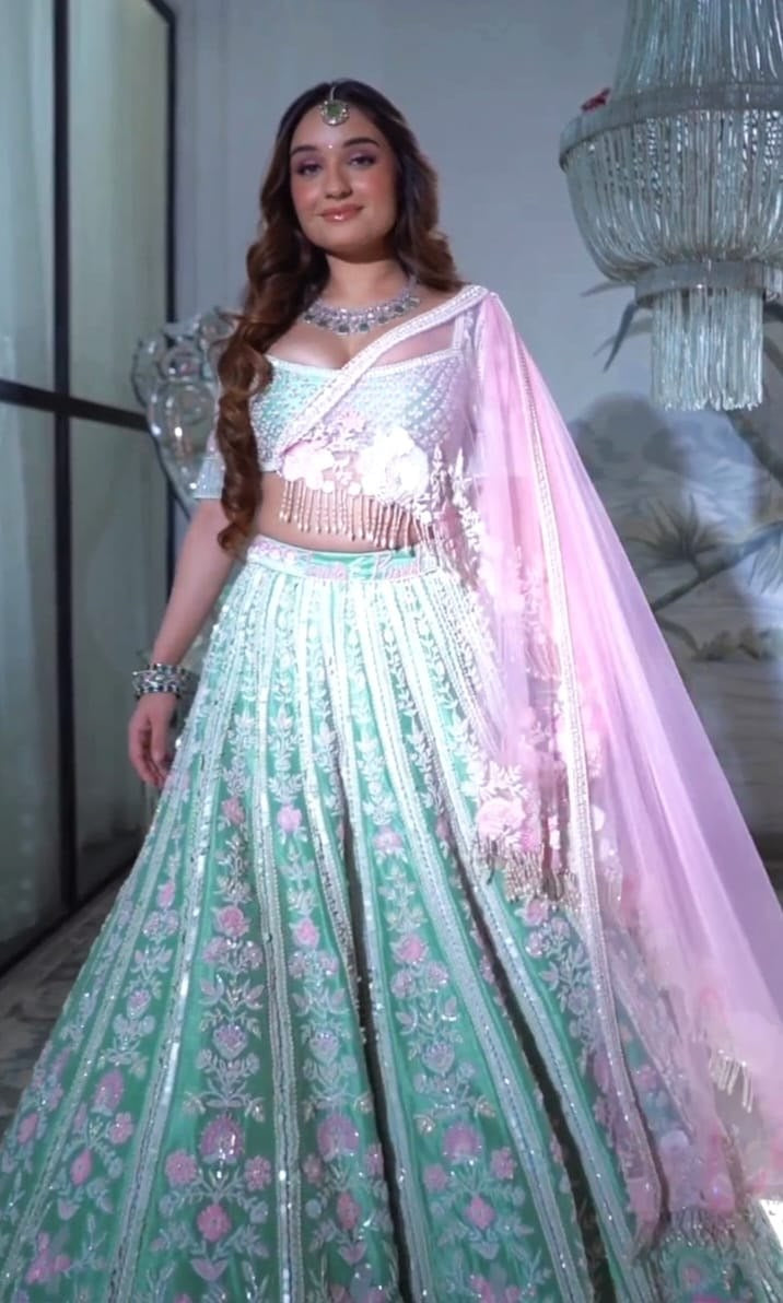 Blue X Pink Premium Silk lehenga with beautiful floral embroidered work