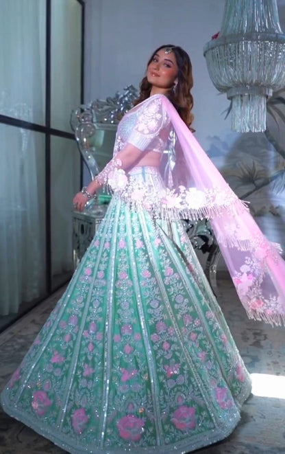 Blue X Pink Premium Silk lehenga with beautiful floral embroidered work