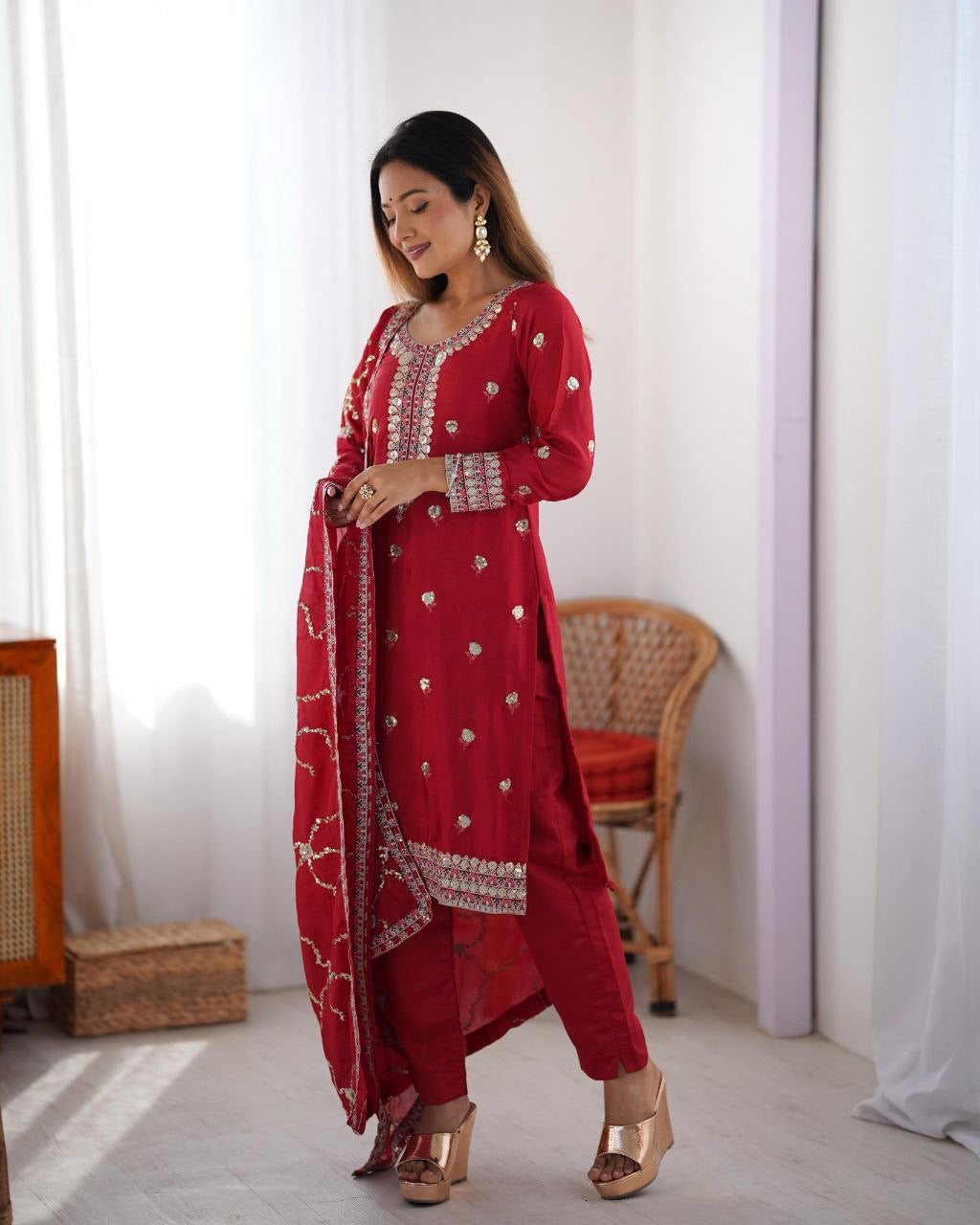 RADHMIKA — Red Chinon Silk Suit