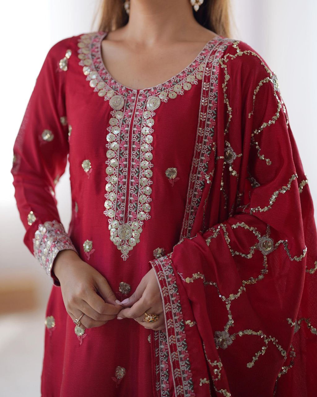 RADHMIKA — Red Chinon Silk Suit