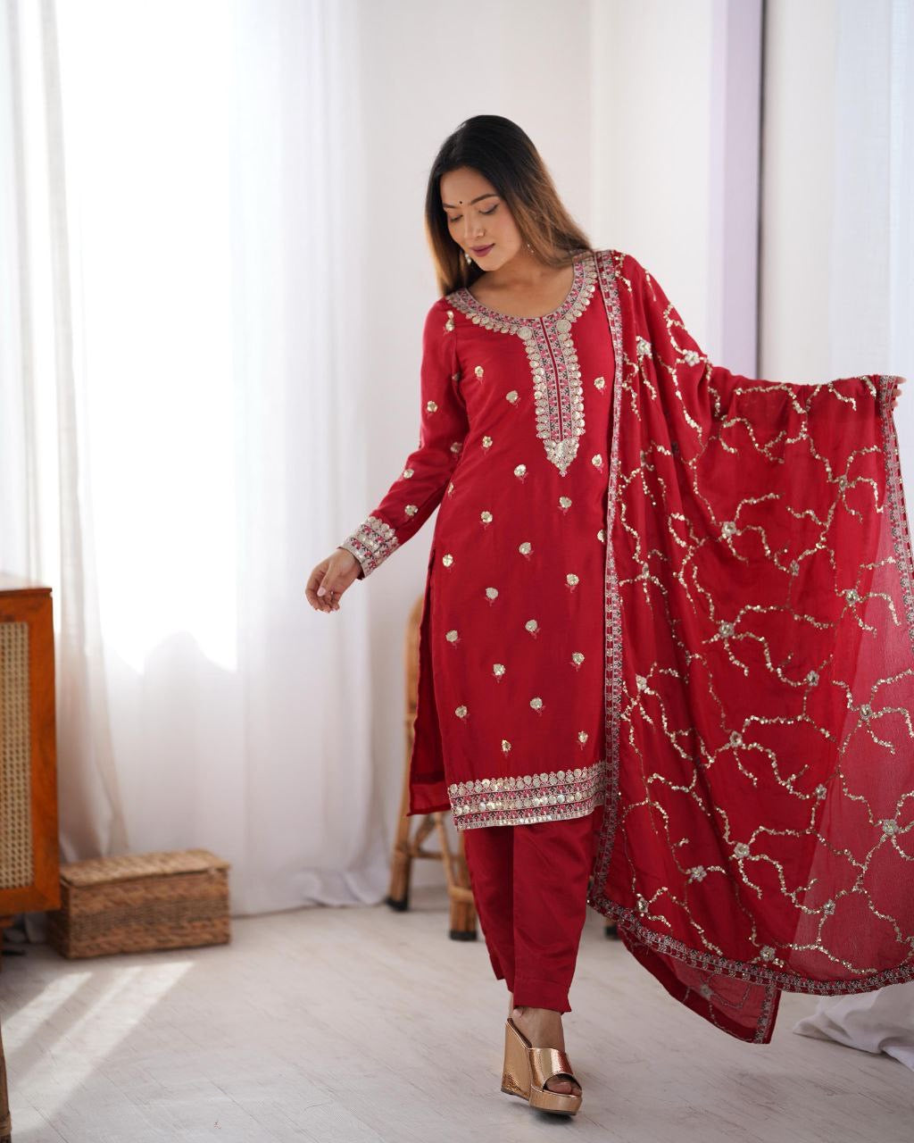 RADHMIKA — Red Chinon Silk Suit