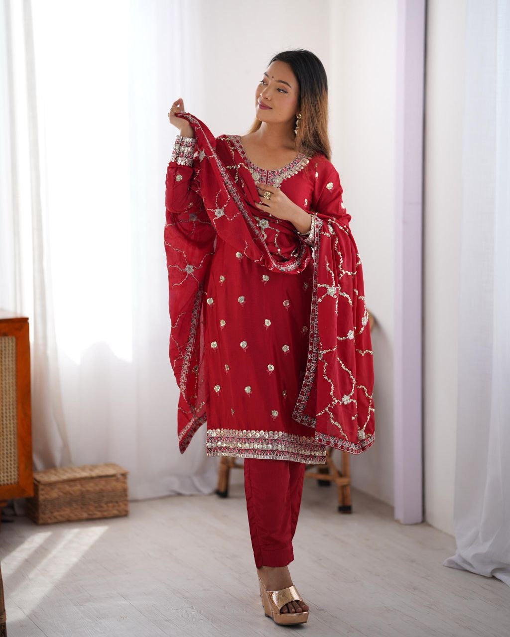 RADHMIKA — Red Chinon Silk Suit