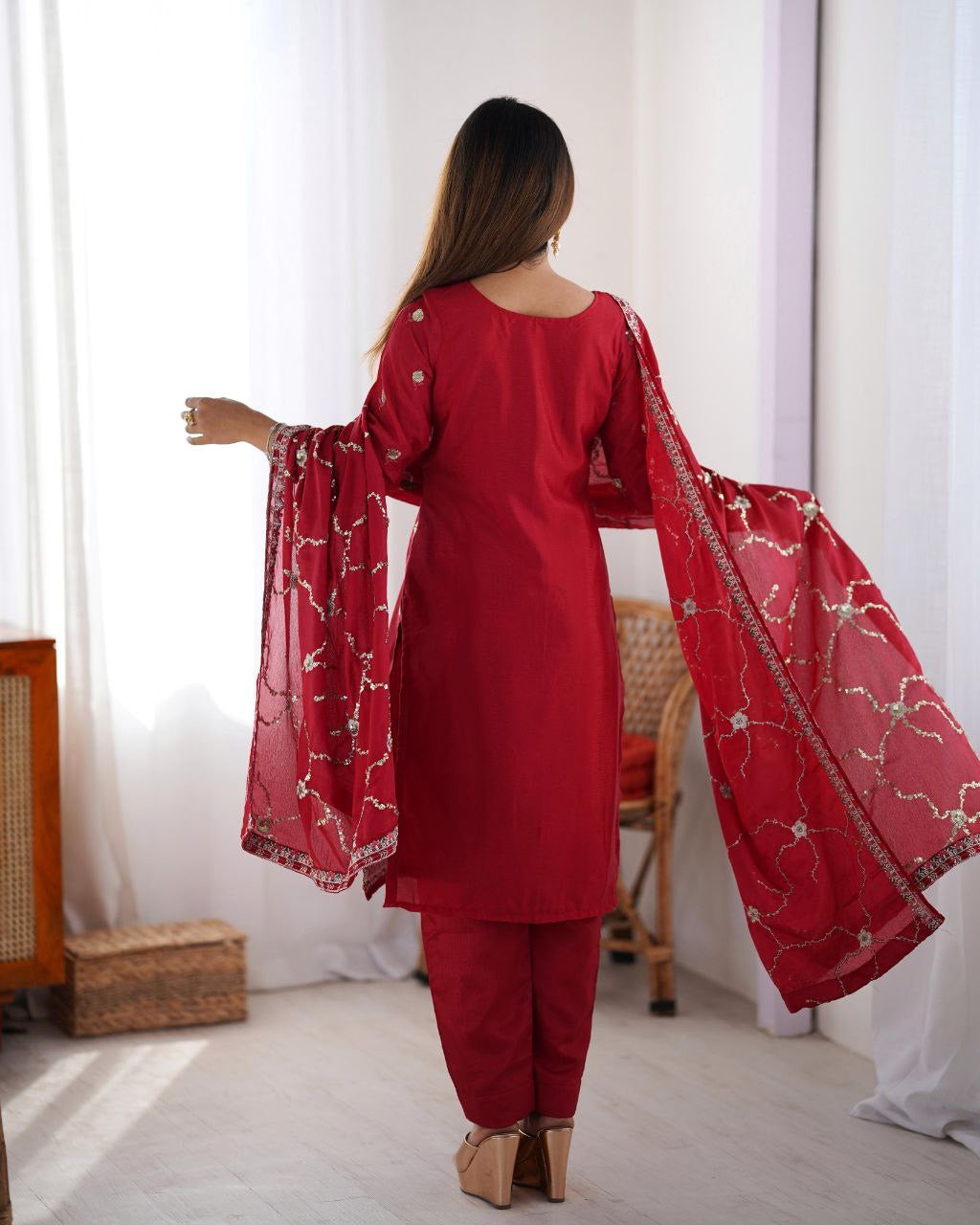 RADHMIKA — Red Chinon Silk Suit