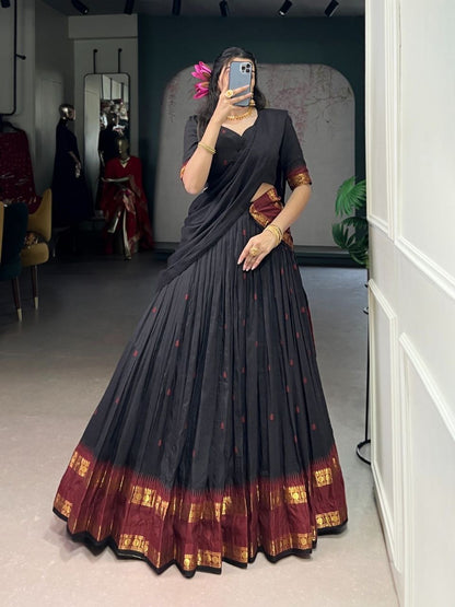 Elegant Chanderi silk half saree lehenga by Laksharaa Sarees featuring intricate embroidery and vibrant colors.